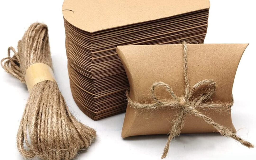 OEM Kraft Paper Pillow Candy Box, Foldable Gift Box with Jute Rope for Weddings, Parties, Birthdays, Holidays, 60 Pcs Factory