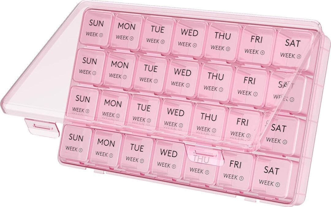 OEM Lifewit Monthly Pill Organizer, 28 Day Pill Box, 4 Weeks One Month Pill Cases, Large Compartments Medicine Organizer for Vitamins, Fish Oils, Supplements, Pink Factory