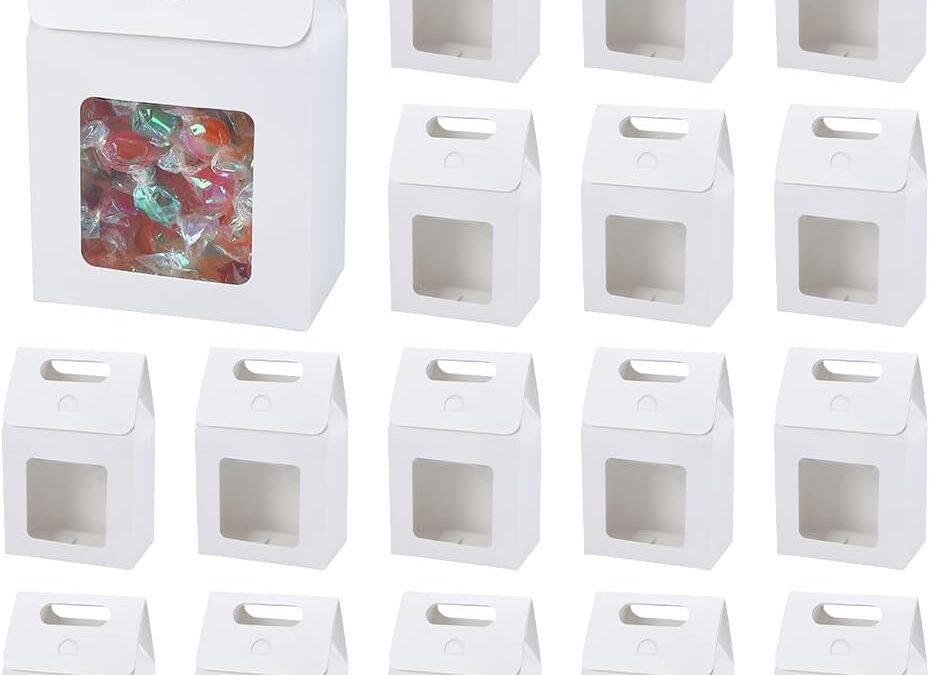OEM NBEADS 20 Pcs Kraft Paper Boxes with Window, Gift Boxes with Handle Cardboard Fold Box Candy Treat Box Party Favor Box for Christmas Wedding Donuts Cookie Chocolate, White, 5.5×3.1×7.48inch Factory