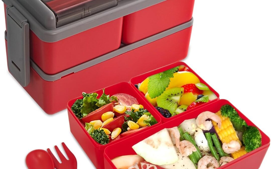 OEM NatraProw Bento Box for kids and Adult, All-in-One Stackable Lunch Box with 3 Compartments, 2 Layers Bento lunch box Containers with Utensil Set, Microwave and Dishwasher Safe (Red) Factory