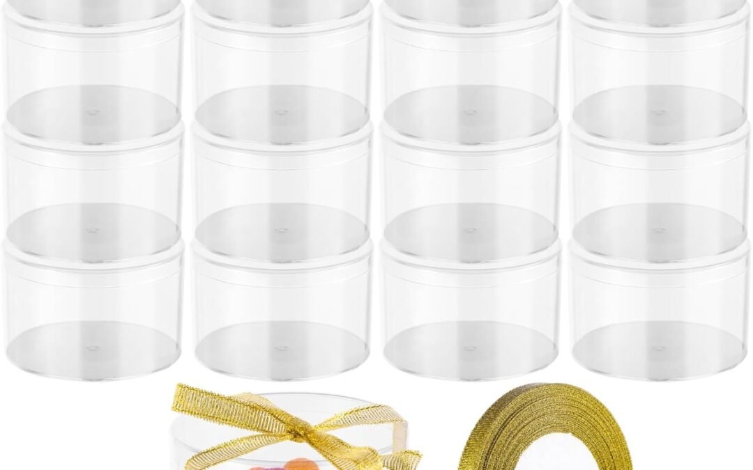 OEM OMISTAR 16 PCS Round Acrylic Plastic Cases with Lids, 3.1 x 3.1 x 1.9 Inches Small Plastic Boxes, Transparent Clear Containers, Mini Storage Display Boxes with Glitter Ribbon for Candy Jewelry Treats Factory