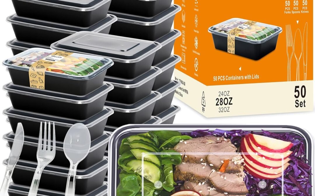 OEM PIRTA 50 Pack(250-Piece) 28 oz Meal Prep Containers Reusable with Lids & Clear Plastic Silverware Set, Food Safe, Leakproof, Microwave, Freezer, Dishwasher, To-Go Take Out, Food Storage Bento Box Factory