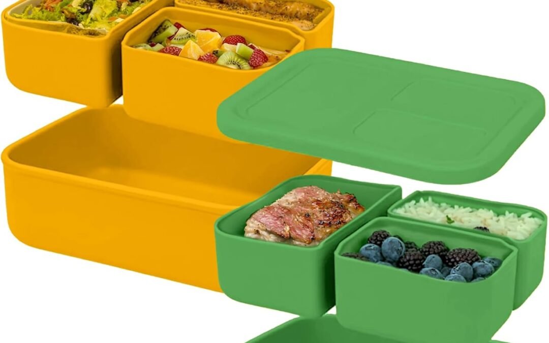 OEM Platinum Silicone Bento Lunch Box Set of 2 – 3 Compartments, Leakproof, Versatile, Durable, Microwave & Freezer Safe, Meal Prep, Food Storage for All Ages (Watermelon Green & Gold Honey) Factory