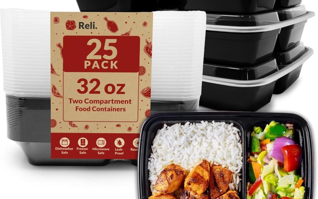 OEM Reli. Meal Prep Containers 32 oz (25 Pack) 2 Compartment Meal Prep Containers Reusable, Microwave Safe | Plastic Togo Box for Food | Boxes for Takeout, To Go, Leftover, Food Factory