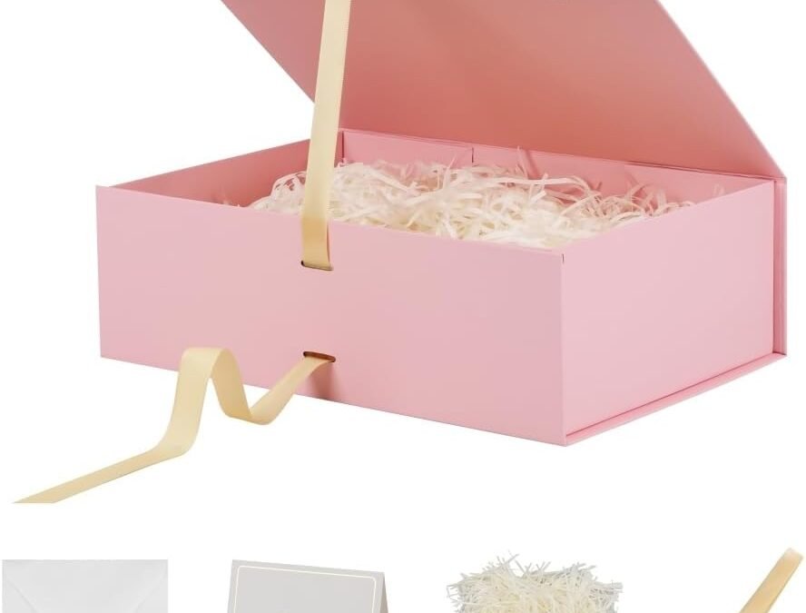 OEM Skivra Large Pink Gift Box with Ribbon – 1 Pack, 13x9x4 Inch Rectangle Collapsible Luxury Gift Box with Lid and Magnetic Closure for Mother’s Day, Birthdays, Shredded Paper Filler & Card Factory