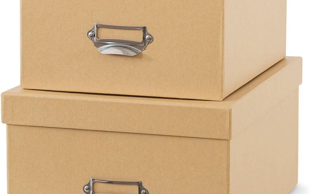 OEM Soul & Lane Kraft Decorative Cardboard Storage Boxes with Lids, Set of 2 Stacking Keepsake Photo and Memory Boxes for Home & Office, Elegant Paperboard Organizers with Label Holders and Drawer Pulls Factory