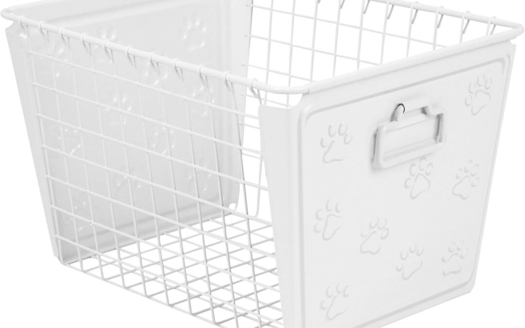 OEM Spectrum Macklin Paw Printed Wire Basket Medium with Label Plate (White) – Storage Bin & Décor for Bathroom, Closet, Pantry, Under Sink, Toy, Shelf, Kitchen, & Nursery Organization Factory