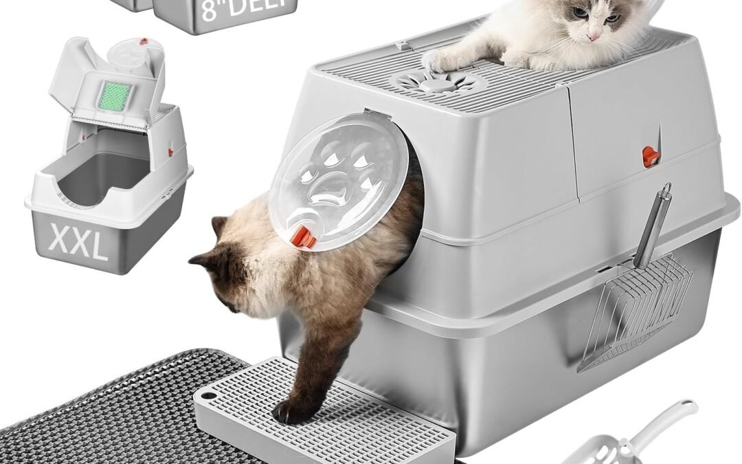 OEM Stainless Steel Litter Box with Lid, XL Extra Large Enclosed Metal Litter Box(Bottom Elevated by 2 inches), Includes 2 Scoops and a Litter Mat. Easy to Clean, Front & Top Dual Entry (Light Gray) Factory