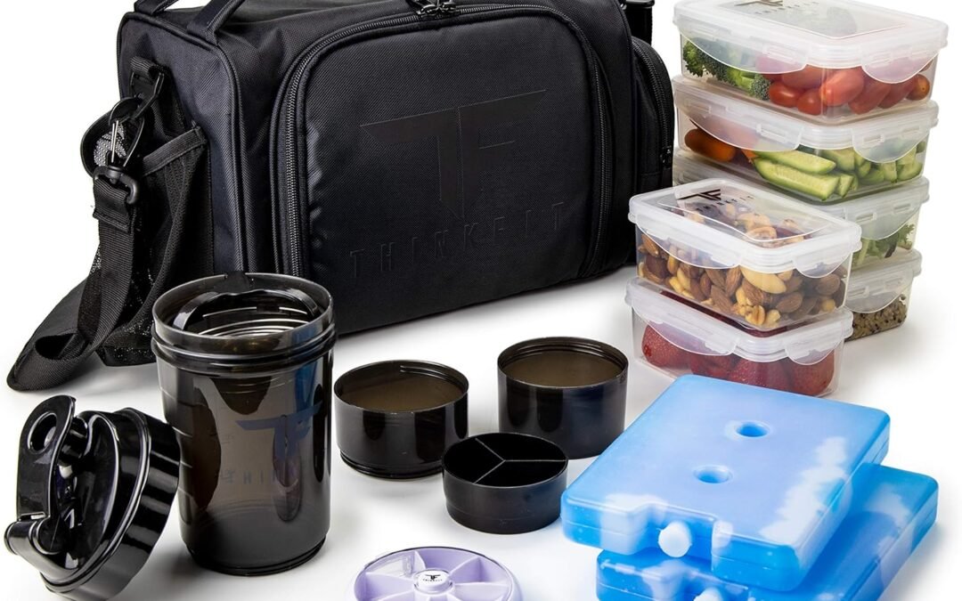 OEM ThinkFit Insulated Meal Prep Lunch Box with 6 BPA-Free, Reusable, Microwavable, Freezer Safe Food Portion-Control Containers, Shaker Cup, Pill Organizer, Lunch Bag with Storage Pocket – (Black) Factory