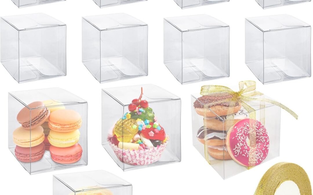 OEM WOPPLXY 50 Pack Clear Favor Boxes with Gift Ribbons, 3x3x3 Inches Transparent Plastic Gift Boxes, Party Favor Boxes, Clear Cube Treat Boxes for Candy, Individual Cupcake & Macaron, Chocolate Bomb Factory