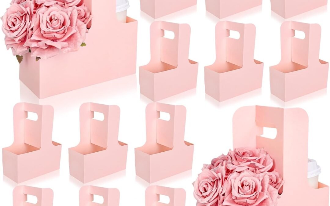OEM Whaline Light Pink Kraft Flower Gift Bags 20 Pcs Drink Carriers with Handle to 2 Cup Floral Wrap Packing Box Paper Holder Baskets for DIY Crafts Wedding Valentines Mother’s Day Factory