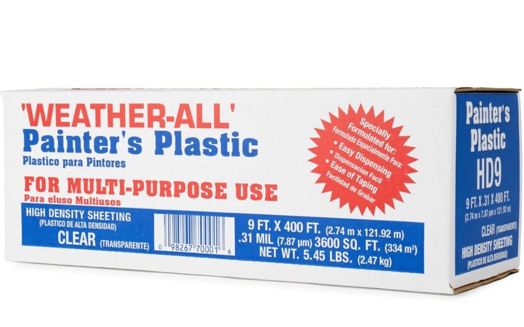 OEM Wheather-All Clear Painters Plastic Sheeting 9′ x 400′ (3600 sq ft) – 0.31 Mil High-Density Polyethylene Roll in Self-Dispensing Box – Dust Barrier, Surface Protection for Painting and Construction Factory