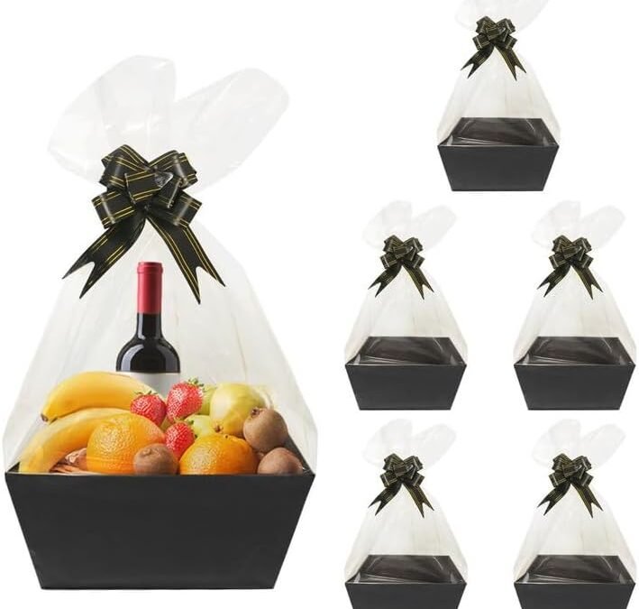 OEM Worown 6 Pack Black Cardboard Basket for Gifts Empty, 8 x 10 Inch Kraft Basket Kit with Bags and Pull Bows for Packing Gift on Easter, Christmas, Birthday, Wedding Factory