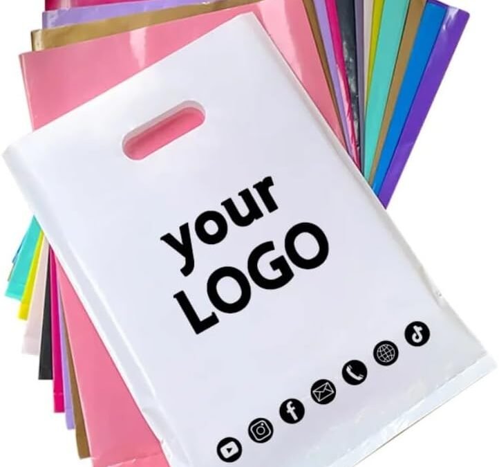 OEM jfs 100pcs Customized Logo Mall Shopping Bags with Gift Bags Custom Reusable Merchandise Tote Bag Personalized Text Logo Plastic Packaging Bags (Black,15x20cm) Factory