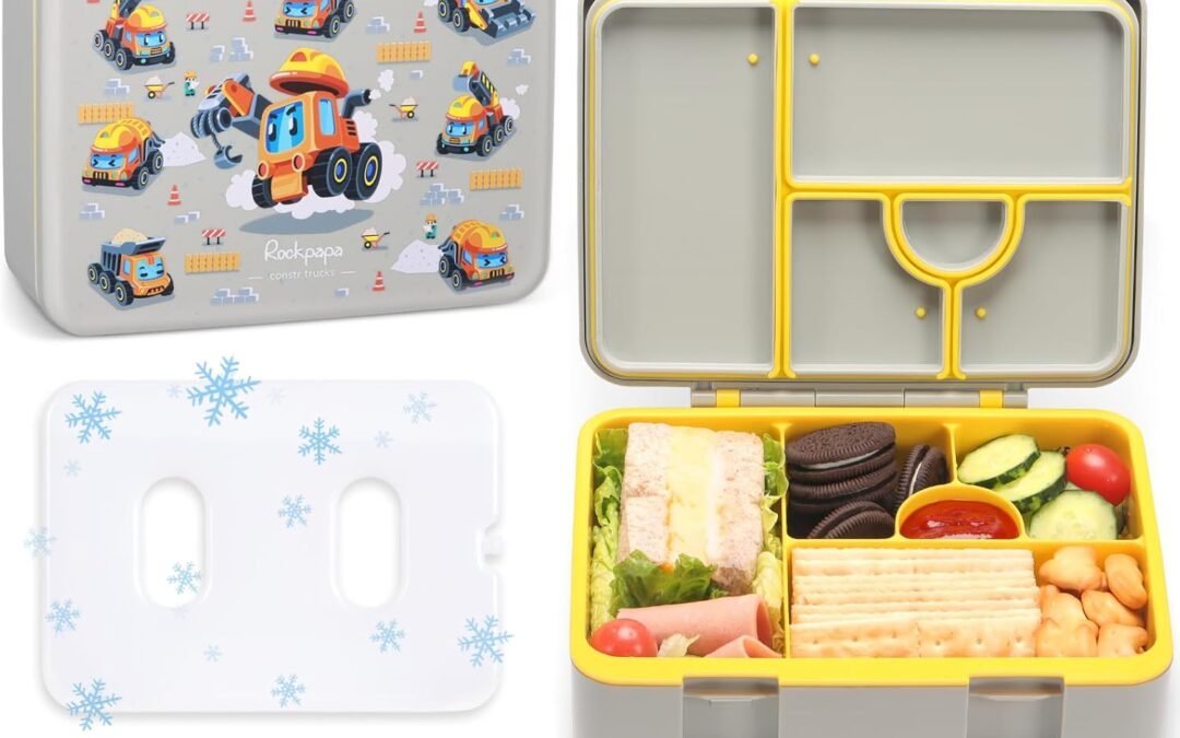OEM rockpapa 5 Compartment Bento Lunch Box with Ice Pack for Kids, Leak Proof, Dishwasher Safe, BPA Free Materials, 47oz Snack Bento Box with Utensils & Handle for Boys Girls Ages 3+ (Grey Constr Trucks) Factory