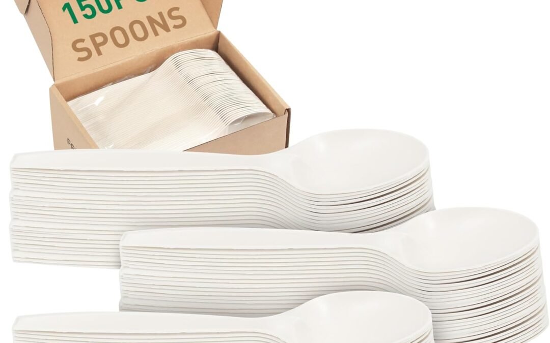 Wholesale OEM ODM 100% Compostable Disposable Spoons, 6.7″ 150pcs Heavy Duty Utensils Eco-Friendly Cornstarch Cutlery Durable and BPI-Certified Party Supplies No Plastic, Ivory White Factory & Supplier