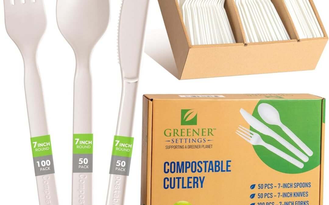 Wholesale OEM ODM 100% Compostable/Forks Spoons Knives Cutlery Combo Set – 200 Large Disposable Utensils 7″ Durable Heat Resistant Alternative to Plastic Silverware with Convenient Tray – Greener Settings (50 Sets) Factory & Supplier