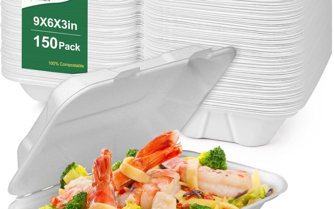 Wholesale OEM ODM 150 Pack Compostable Clamshell To Go Food Containers With Lids 9″x6″x3″ Fiber Biodegradable Disposable Take Out Containers, White Factory & Supplier