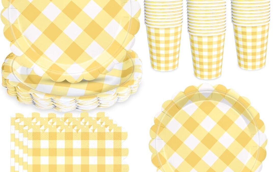 Wholesale OEM ODM 175 Pcs Yellow Scalloped Gingham Party Supplies for 25 Guests, Yellow and White Checkered Paper Plates, Cups and Napkins Sets for Baby & Bridal Shower, Wedding, Birthday Party, Outdoor Picnic Factory & Supplier
