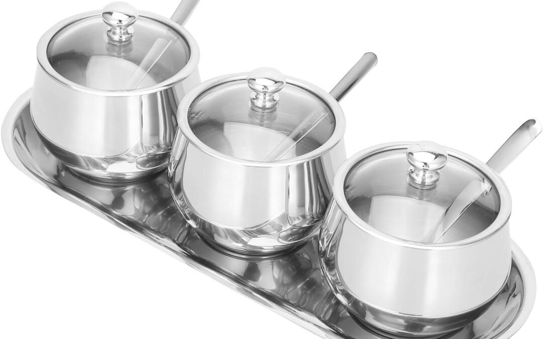 Wholesale OEM ODM 3Pcs Seasoning Box, Stainless Steel Spice Pots Container Clear Lids Seasoning Spice Jar with Spoon and Tray, Salt Sugar Pepper Condiment Pots for Home Kitchen Restaurant Factory & Supplier