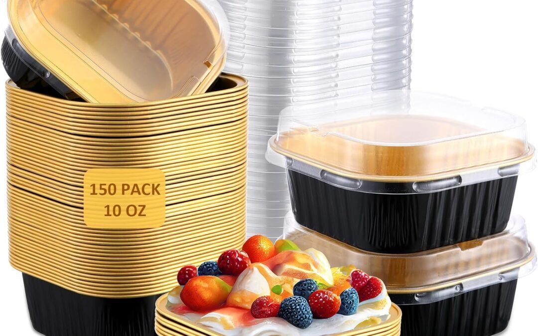 Wholesale OEM ODM Aoriher 150 Pieces 10 oz Mini Cake Pans with Lids Aluminum Foil Baking Cups Square Disposable Cupcake Cups 4th of July Baking Tins for Independence Day Brownie Pudding Desserts Muffin(Black, Gold) Factory & Supplier