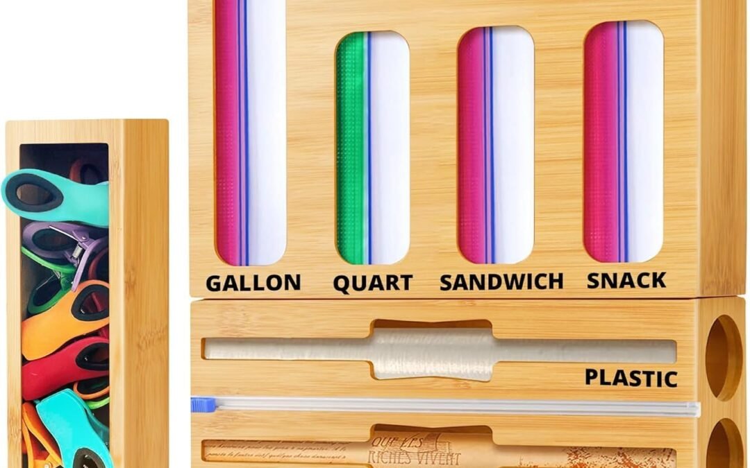 Wholesale OEM ODM Bag Storage Organizer with Foil and Saran Wrap Dispenser With Cutter For Kitchen Drawer – 9 in 1 Bamboo Plastic Food Bag Storage Containers Perfect For Gallon, Quart Bags & 12″ Rolls Factory & Supplier