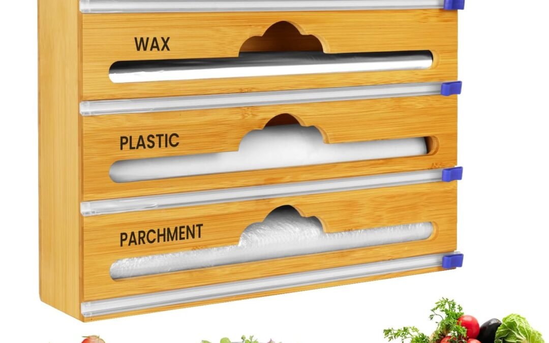 Wholesale OEM ODM Bamboo 4 in 1 Saran Wrap Dispenser with Cutter & Labels – Foil & Plastic Wrap Organizer – Aluminum Foil Wax & Parchment Wrapping Paper Storage for Kitchen Drawer – 12″ Roll Factory & Supplier