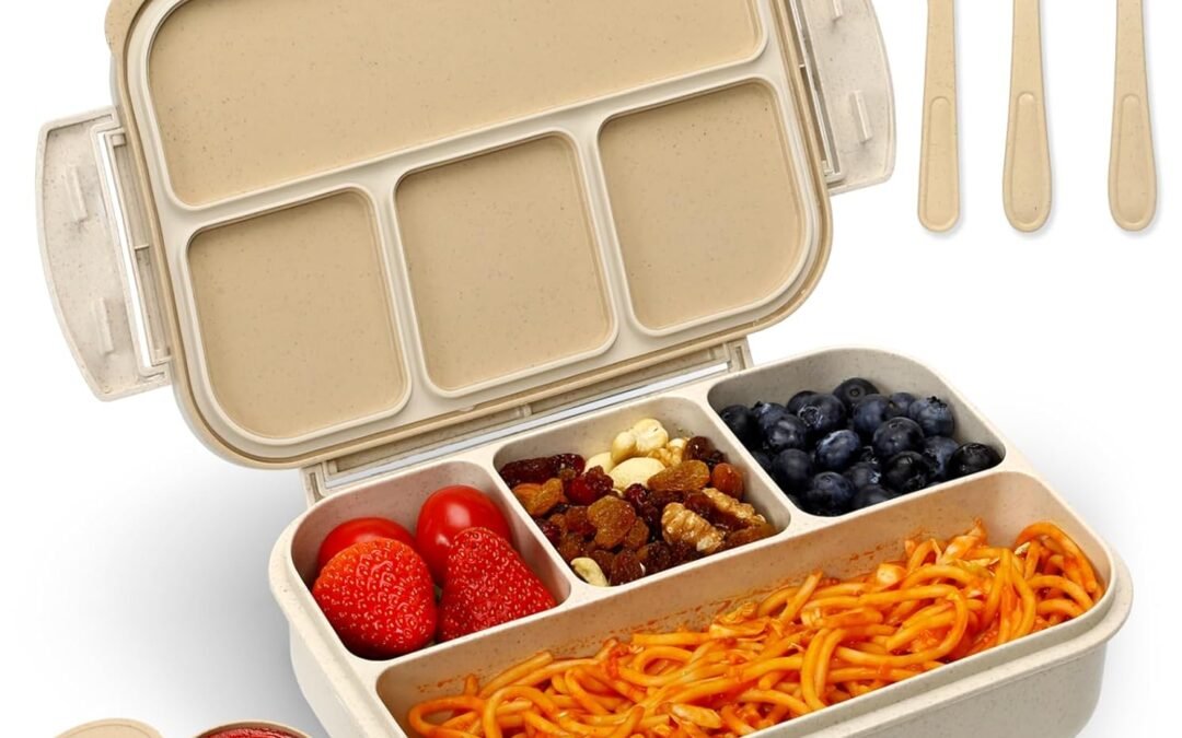 Wholesale OEM ODM Bento Lunch Box for Kids, Wheat Straw 5.5 Cups Leakproof Adult Bento Box with 2 Sauce Jars, 4 Compartments Lunchable Snack containers, Utensils, Microwave & Dishwasher Safe (Wheat Straw Beige) Factory & Supplier