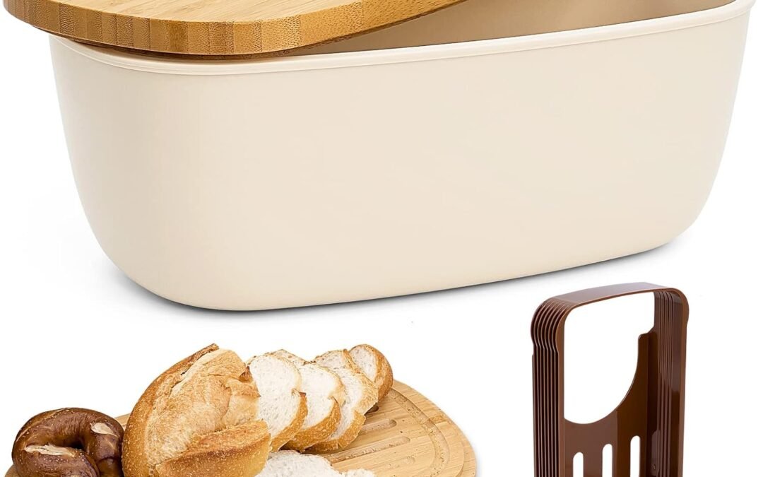 Wholesale OEM ODM Bread Box With Bamboo Wood Cutting Board Lid & Bread Slicer Holder, Oval Cream Color Bread Container For Kitchen Countertop, 13.8 x 7.9 x 5.7in, Bread Storage Container Factory & Supplier