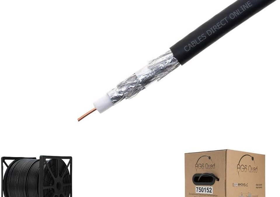 Wholesale OEM ODM Cables Direct Online RG6 Coaxial Cable Quad Shield Bulk, 18 Gauge Copper Clad Steel (CCS) Conductor, Aluminum Braid, PVC Jacket, Reel Box, 500ft, Black Factory & Supplier