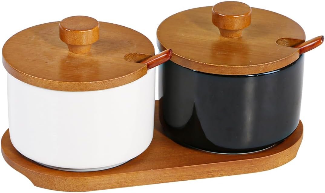 Wholesale OEM ODM Ceramic Salt and Pepper Bowls with Bamboo Lid and Spoon,Porcelain Sugar Bowl with Tray,8 oz Seasoning Box for Kitchen Countertop,Sugar Container for Tea,Coffee,Spice,Salt (Black and White) Factory & Supplier