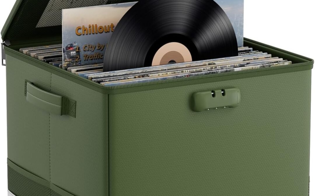 Wholesale OEM ODM DocSafe Vinyl Record Storage Box with Lock, Fireproof&Water Resistant Record Organizer for 100+ Single Records(12-inch), Collapsible Storage Crate with Lid&Handles for Valuable Album Collection,Green Factory & Supplier