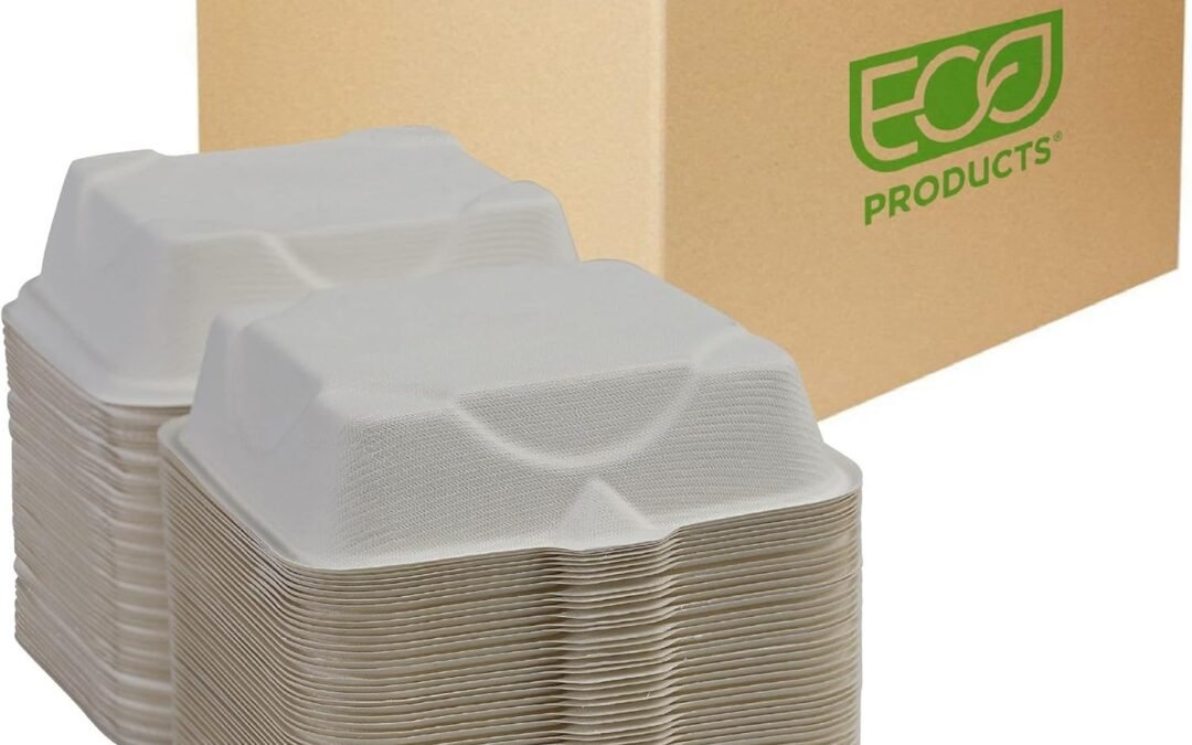 Wholesale OEM ODM Eco-Products Compostable Vanguard 6″ Clamshell Sandwich Containers, Case of 500, To Go Food Burger Box, White Renewable Molded Fiber, Grease Resistant, No-Added PFAS, ASTM Compliant, BPI-Certified Factory & Supplier