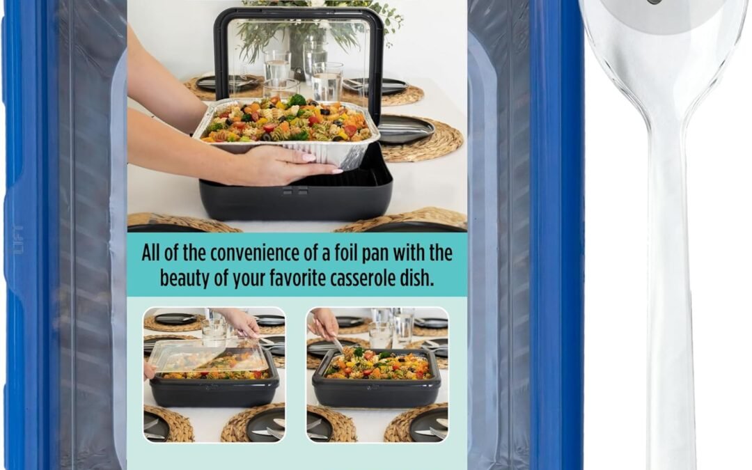 Wholesale OEM ODM Fancy Panz Classic, Food Serving Tray, Made in the USA Foil Pan Carrier, Stackable Aluminum Pan Holders with Clear Lid, Travel Casserole Carrier With 1 Disposable Foil Pan & Serving Spoon, Denim Blue Factory & Supplier