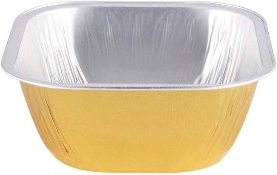 KEISEN Square 4 Inch 8oz 230ml 100/PK Disposable Aluminum Foil Cups for Muffin Pie Tart Quiche Round Bread Loaf Pan Oven Cupcake Baking Bake Utility Ramekin Cup (Gold)