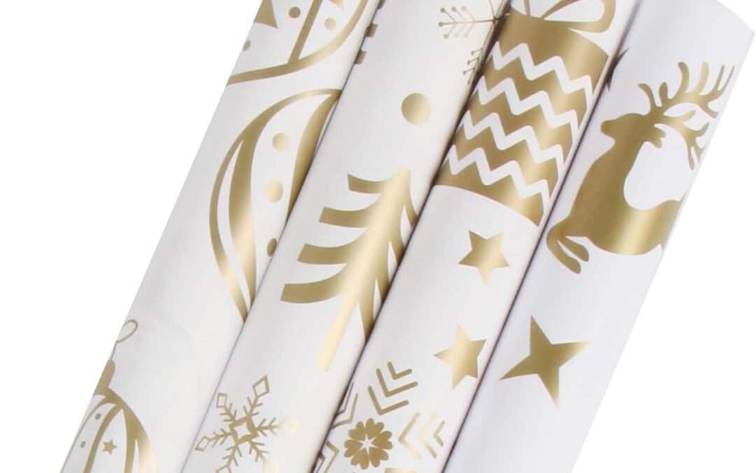 Wholesale OEM ODM KIMOBER 4 Rolls Christmas Wrapping Paper with Cut Lines on Reverse,Coated Paper with Golden Christmas Elements(30in × 144in Per Roll) Factory & Supplier