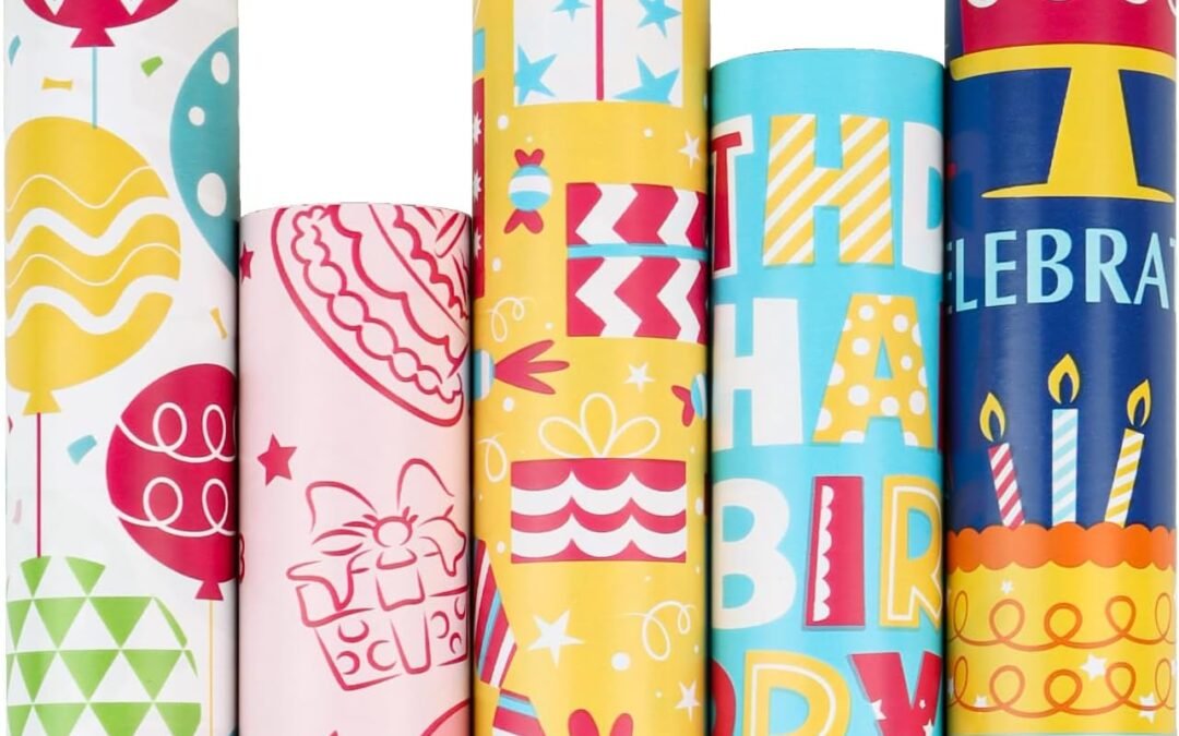 Wholesale OEM ODM KIMOBER 5 Rolls Birthday Wrapping Paper with Cut Lines on Reverse,Colourful Coated Paper with Happy Birthday Elements(17in×118in Per Roll) Factory & Supplier