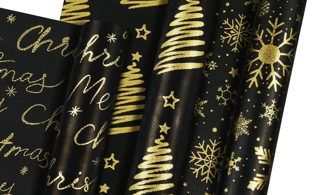 Wholesale OEM ODM MAMUNU Christmas Wrapping Paper – 3 Mini Rolls Black and Gold Foil Gift Wrapping Paper, Snowflake Christmas Tree Gift Wrap Paper for Xmas Holiday Party New Year, 17 x 118 Inch Per Roll Factory & Supplier