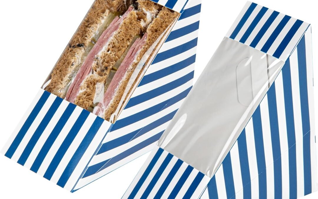 Wholesale OEM ODM Restaurantware-Cafe Vision 4.8 x 2.8 Inch Sandwich Paper Boxes, 200 Medium Sandwich Wedge Boxes – With Window, Disposable, Blue And White Paper Triangle Sandwich Containers, Striped, Grease-Impervious Factory & Supplier