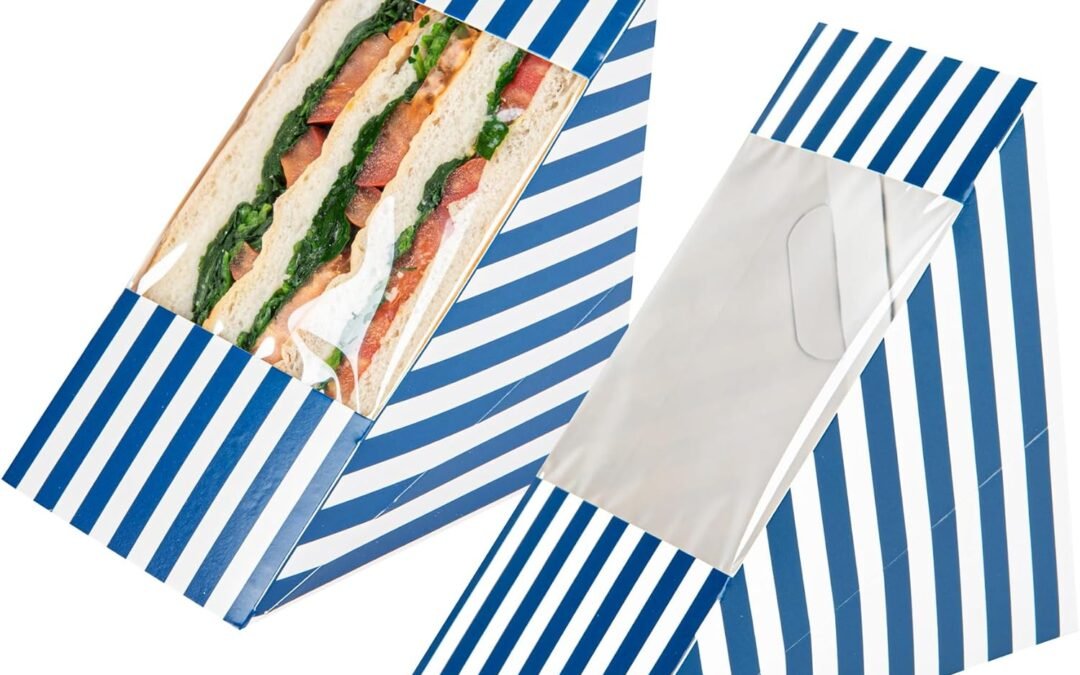 Wholesale OEM ODM Restaurantware-Cafe Vision 4.8 x 3.2 Inch Sandwich Paper Boxes, 200 Large Sandwich Wedge Boxes – With Window, Disposable, Blue And White Paper Triangle Sandwich Containers, Striped, Grease-Impervious Factory & Supplier