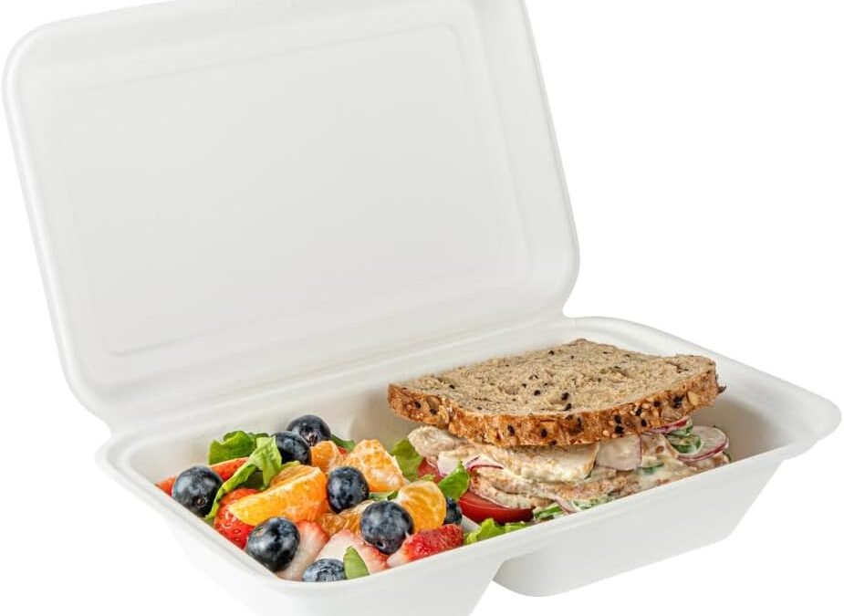 Wholesale OEM ODM Restaurantware Pulp Safe No PFAS Added 34 Ounce Clamshell Boxes 100 Disposable Containers – Home Compostable 2 Compartments White Bagasse Containers Microwavable And Freezable Hinged Lid Factory & Supplier