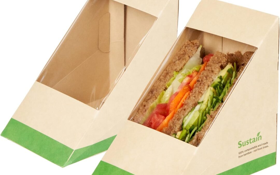 Wholesale OEM ODM Restaurantware-Sustain 4.8 x 4.8 x 3.2 Inch Triangle Paper Sandwich Containers, 50 Disposable Take Out Food Containers – PLA lining, Clear PLA Window, Bamboo Paper Containers, Compostable, Greaseproof Factory & Supplier
