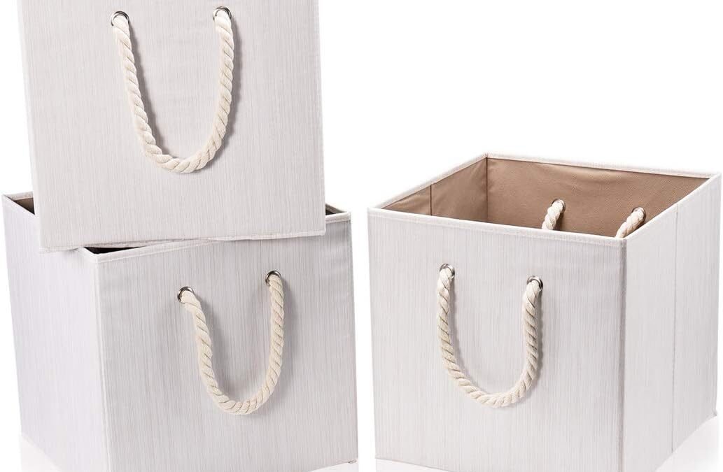 Wholesale OEM ODM Robuy Set of 3 Beige Bamboo Fabric Cube Storage Bins with Cotton Rope Handle, Collapsible Resistant Basket Box Organizer for Shelves Size 13×13 x13 inch Factory & Supplier