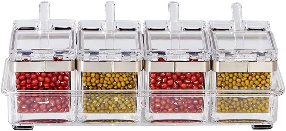 Wholesale OEM ODM Seasoning Box Stainless 304 Steel Edge, Seasoning Rack Spice Pots, Storage Container Condiment Jars, 4 Piece Clear Acrylic Cruet with Cover and Spoon Factory & Supplier