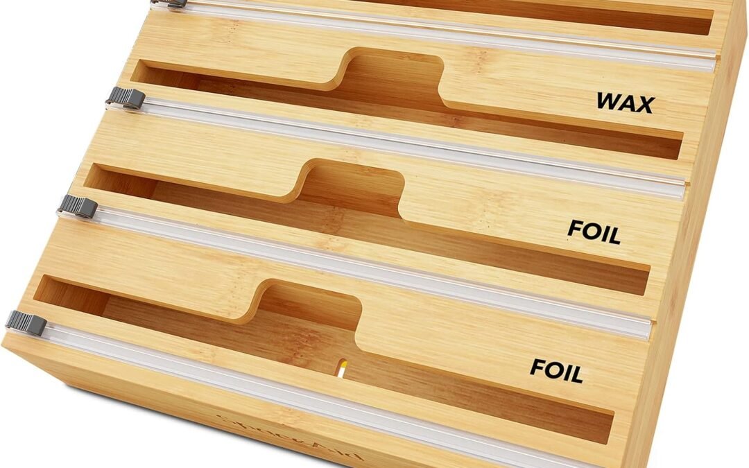 Wholesale OEM ODM SpaceAid WrapNeat 4 in 1 Wrap Dispenser with Cutter and Labels, Plastic Wrap, Aluminum Foil and Wax Paper Dispenser for Kitchen Drawer, Bamboo Roll Organizer Holder, Compatible with 12″ Roll Factory & Supplier