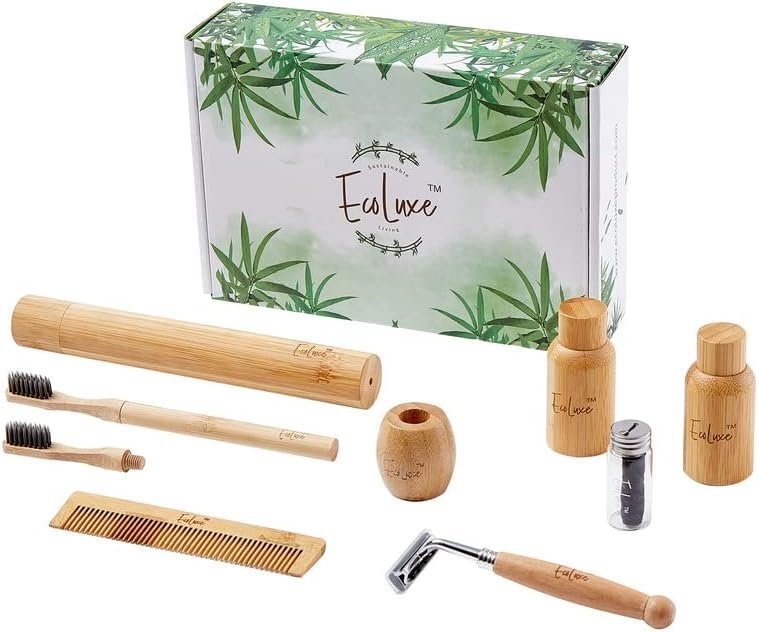 Wholesale OEM ODM Sustainable Gift Box Personal Care Travel Sized Toiletries Bundle, Bamboo Toothbrush, Dental Floss, Comb,Liquid Containers, Razor, Bamboo Travel Case and Stand, 9 Items Factory & Supplier