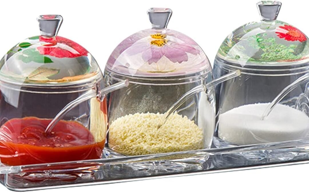 Wholesale OEM ODM TINMIX Clear Seasoning Box – 3PCS Acrylic Condiment Pots for Salt Sugar Herbs, Spice Jar Containers with Base, Dried Flower Handle Lids and Spoons Factory & Supplier