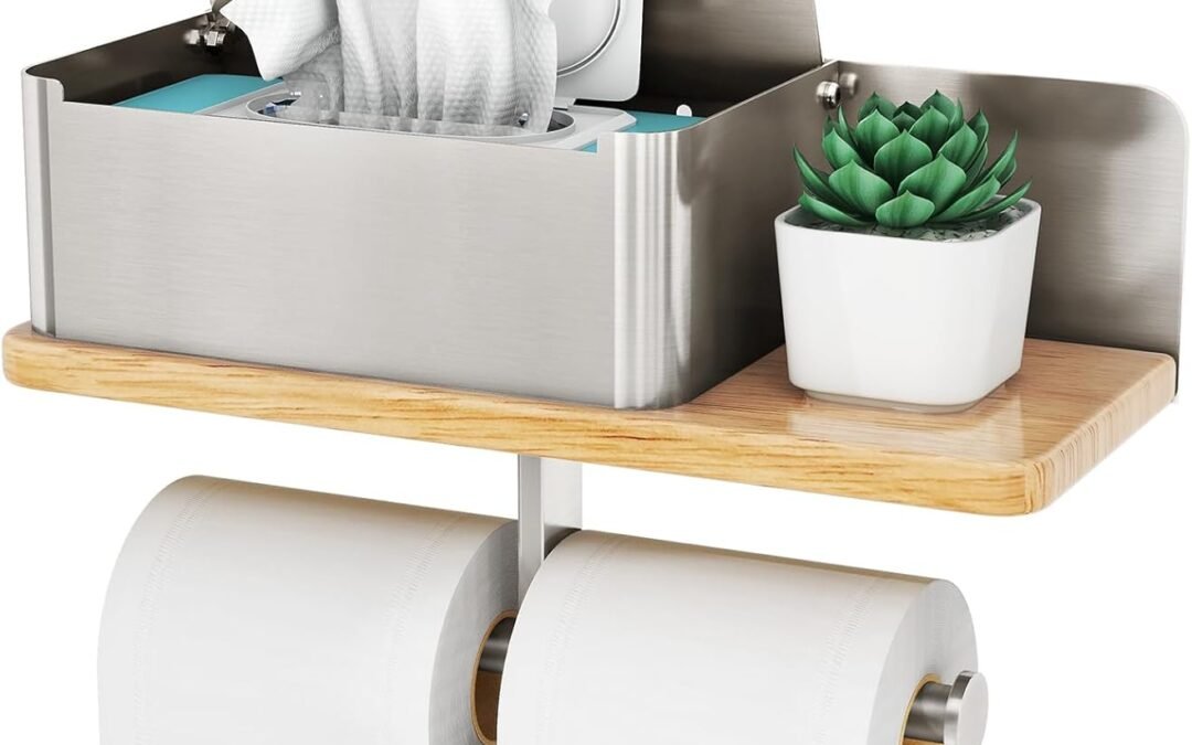 Wholesale OEM ODM Toilet Paper Holder with Shelf, Double Roll Toilet Tissue Holder with Wipes Dispenser for Bathroom, Metal and Solid Wood Tissue Paper Roll Wall Mounted Storage Aromatherapy, Phone Shelf, Brushed Factory & Supplier
