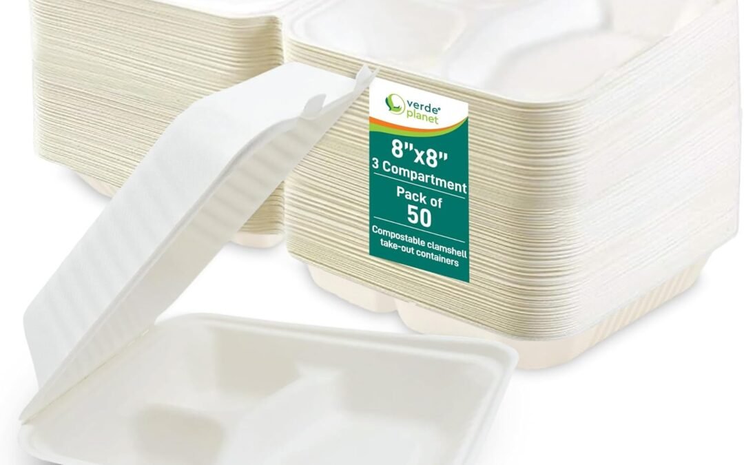Wholesale OEM ODM Verde Planet Clamshell Take Out Containers – 100% Natural Bagasse Sugarcane Fiber – Disposable Food Containers with Hinge Lids – Heavy-Duty To Go Boxes for Food – (8″ X 8″, 3-Compartment, 50-Pack) Factory & Supplier