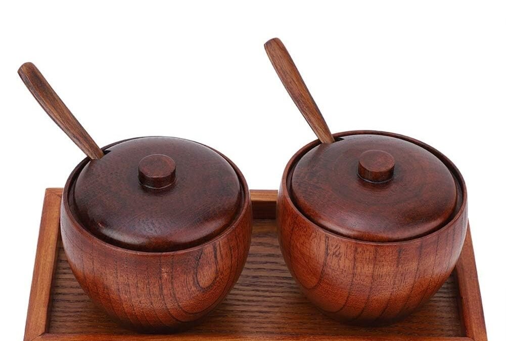 Wholesale OEM ODM Wood Spice Box Set, 2Pcs Wood Seasoning Storage Box with Wooden Spoon Lid and Tray, Salt Sugar Spice Pepper Condiment Container Jar Set for Kitchen Factory & Supplier